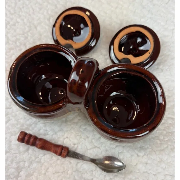(VTG) Brown/Tan Ceramic Double Condiment Caddy Dish with Spoon - Picture 7 of 14